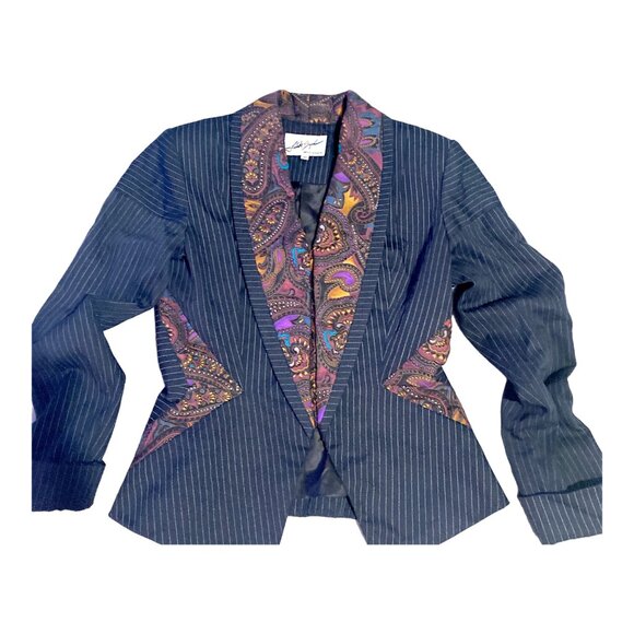 Linda Segal Jacket Womens 10 Pin Stripe Paisley Empire Short Lined Office VTG - Picture 11 of 16